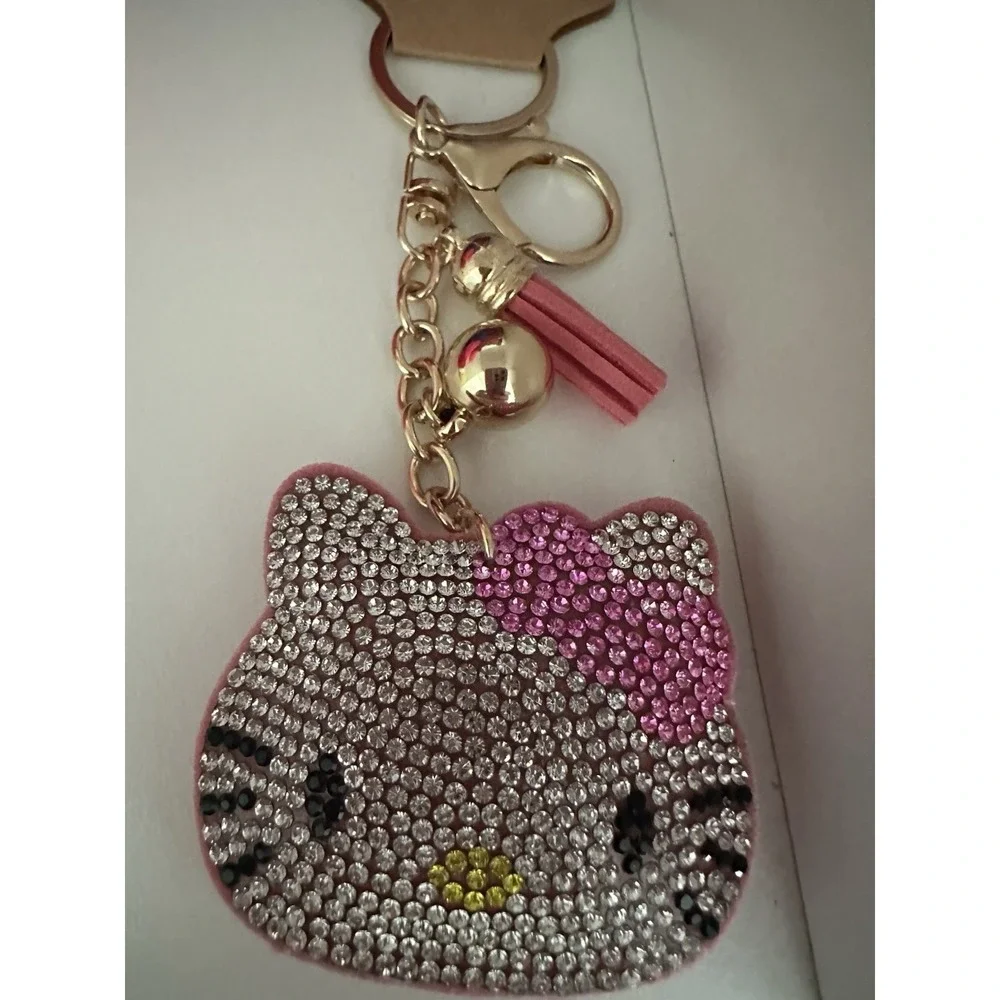 Lucky Cat Keychain Chrystal Rhinestone Faux Leather Tassel Felt Back - Pink